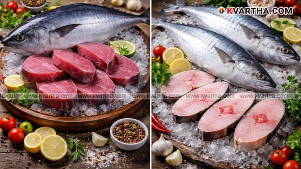 A plate of Kerala fish curry (Tuna) and Karimeen Pollichathu served on a banana leaf
