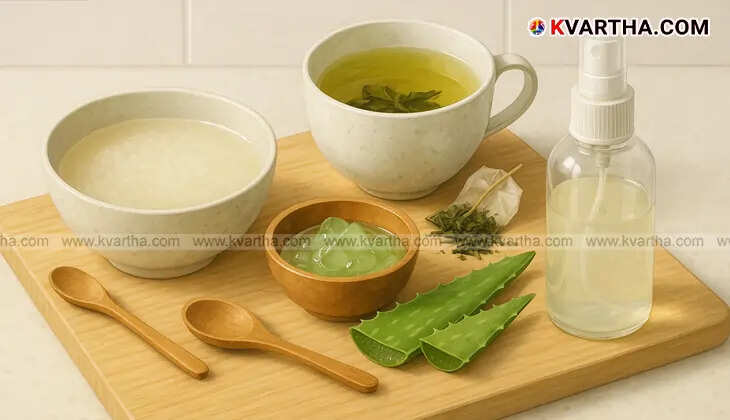 A glass bottle containing homemade hair serum with natural ingredients like rice and green tea leaves.