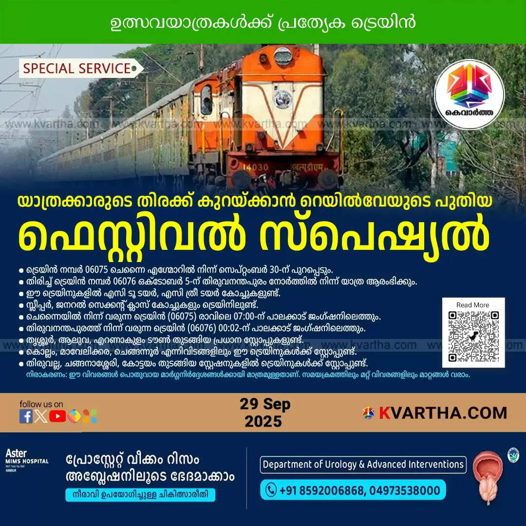 chennai thiruvananthapuram north special train puja rush