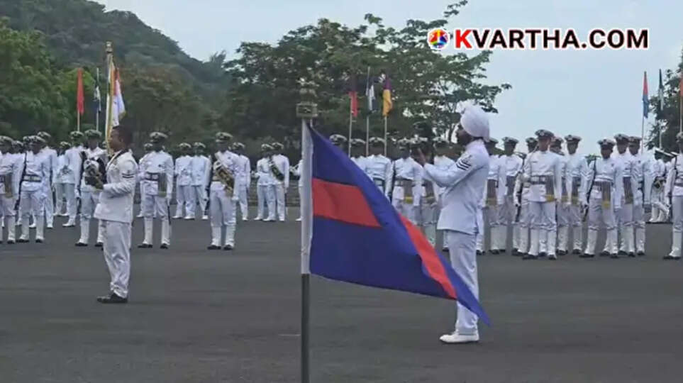 Armed naval cadets marching in perfect synchronization during the passing out parade at Ezhimala Naval Academy