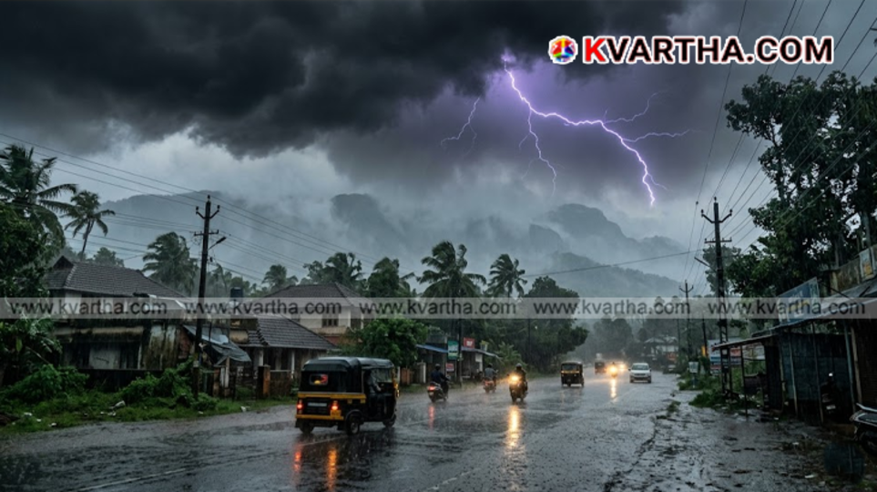 Weather alert map of Kerala highlighting districts under yellow alert.