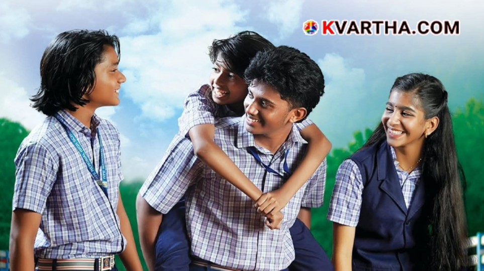 The official vibrant colorful poster of the new Malayalam movie Thirakkinidayil Alpaneram featuring the lead teenage actors.