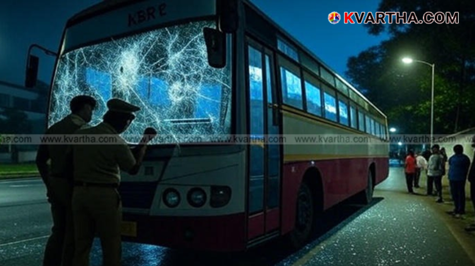 Damaged KSRTC bus from stone pelting