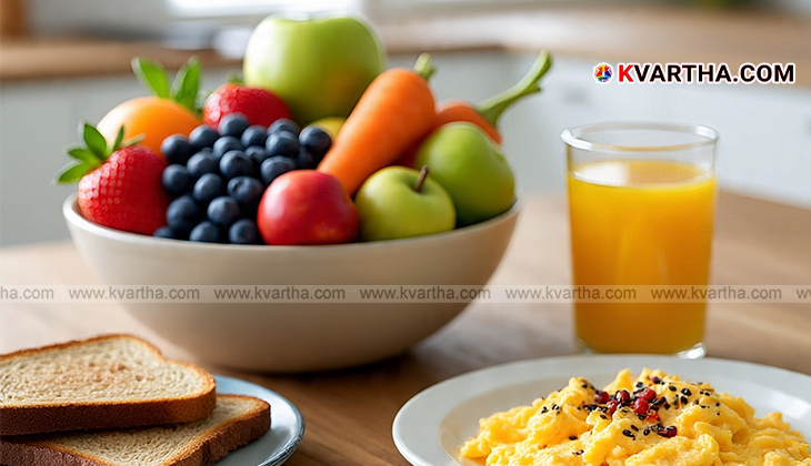 A variety of healthy breakfast foods including fruits, eggs, and oats.