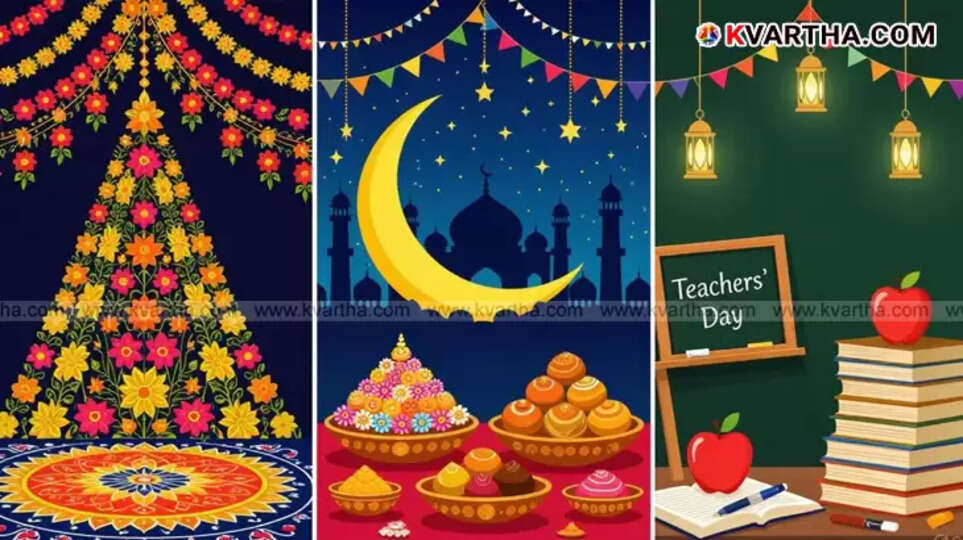 A photo showing a mix of Onam flower arrangements, Nabi Dinam celebrations, and Teachers' Day events.