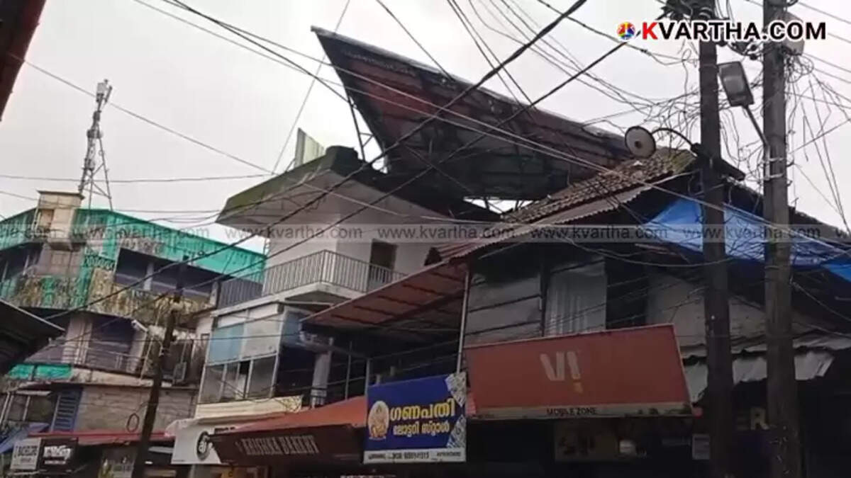 The collapsed roof of Shivananda Hotel in Puthiyatheru, Kannur, after the cyclone.
