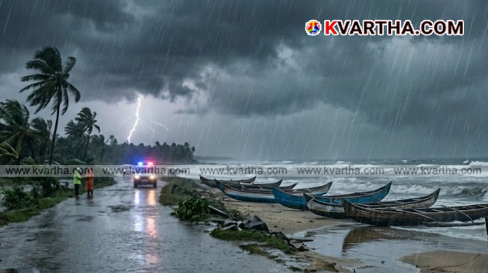 An illustrative graphic showing heavy rainfall and storm warnings across Kerala districts on a weather map.