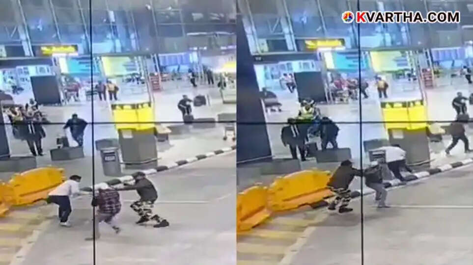 CISF security personnel subduing a man with a knife at the Bengaluru airport terminal