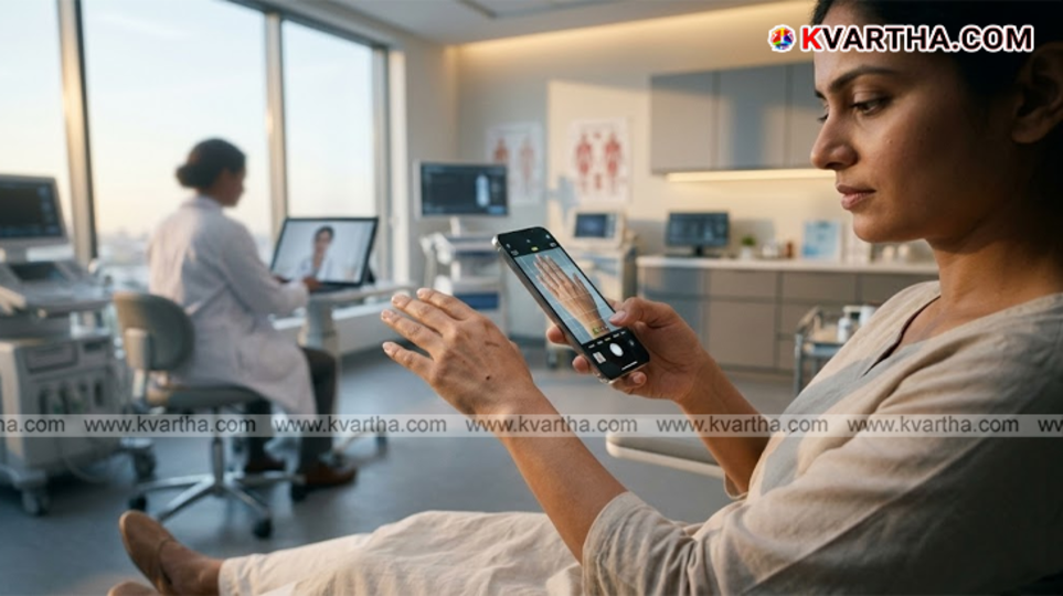 A conceptual image of a smartphone scanning a human hand to detect health anomalies using AI