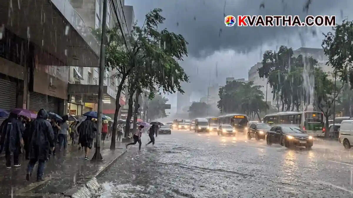 Heavy rain clouds and wet road conditions in Kerala during monsoon alert