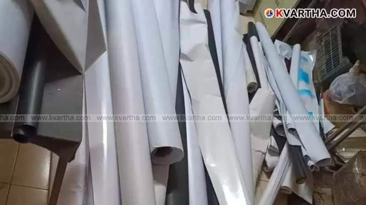 Seized rolls of banned flex material used for election campaign printing.