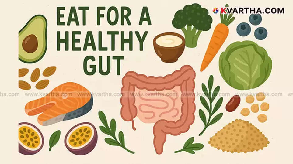 Assortment of gut-friendly foods including yogurt, kimchi, and vegetables