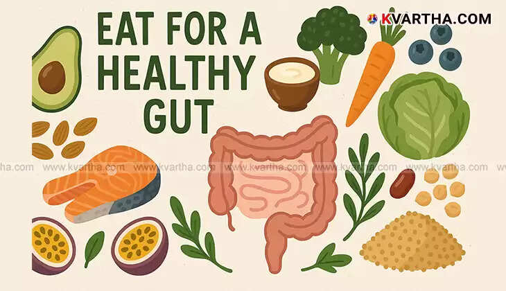 Assortment of gut-friendly foods including yogurt, kimchi, and vegetables