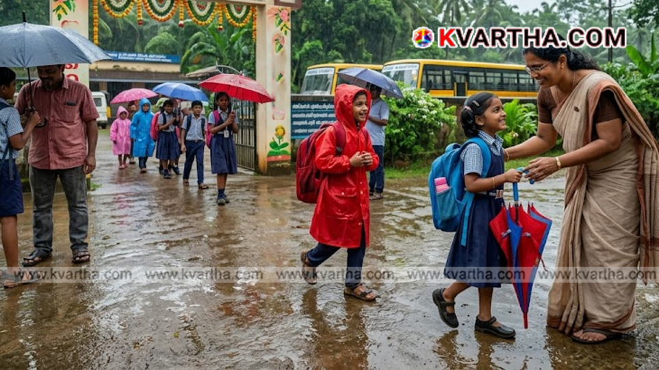  Conceptual image of Kerala school students with umbrellas walking in the rain during June reopening.