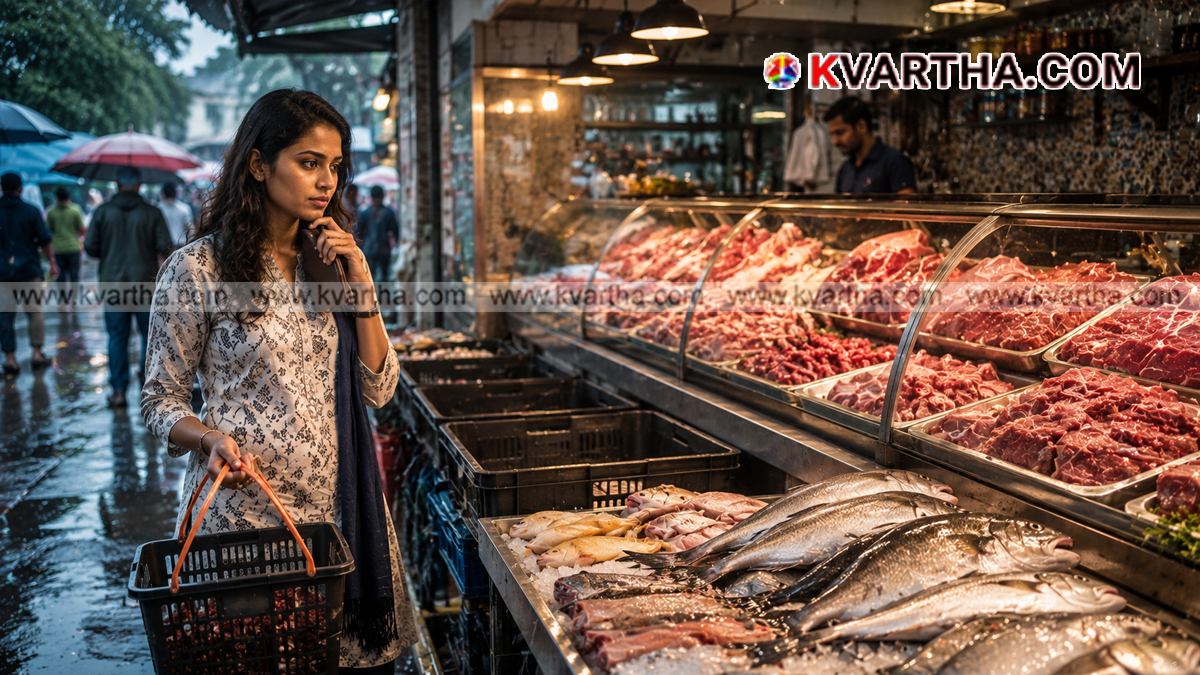 Fresh meat display at a market counter