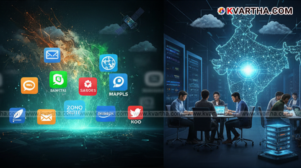 Graphic showing Indian app alternatives to global tech giants.