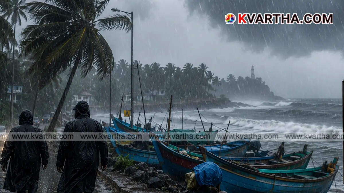 Heavy rain causing waterlogging in a city street in Kerala