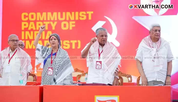 CPM Party Congress representatives wearing keffiyehs in Madurai, April 2025, expressing solidarity with Palestine.
