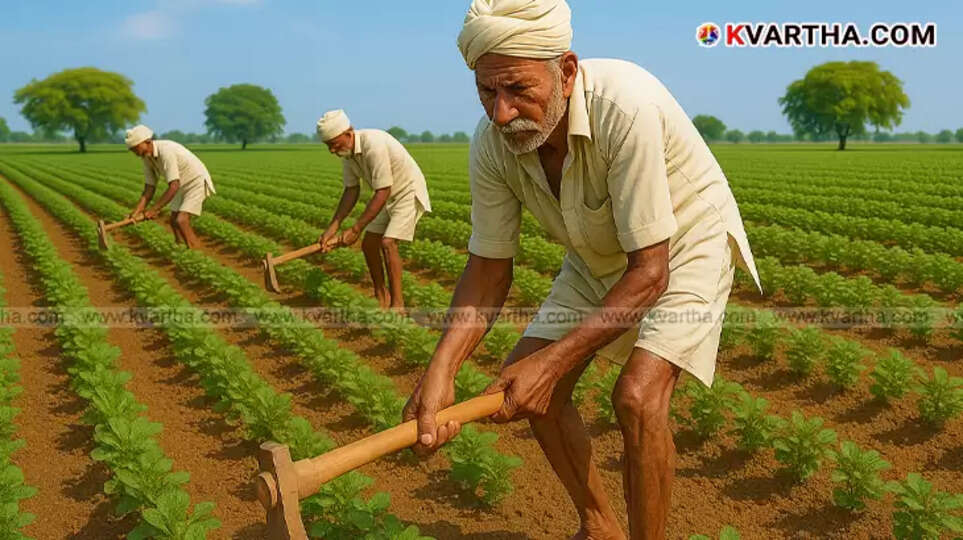  Indian farmers working in a field, symbolizing the agricultural sector and its challenges.