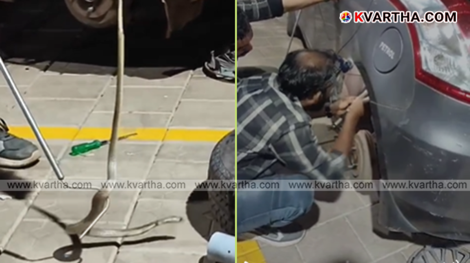 Mark activists Jishnu Panankavu and Sanal dismantling a car tire to rescue a cobra trapped inside.
