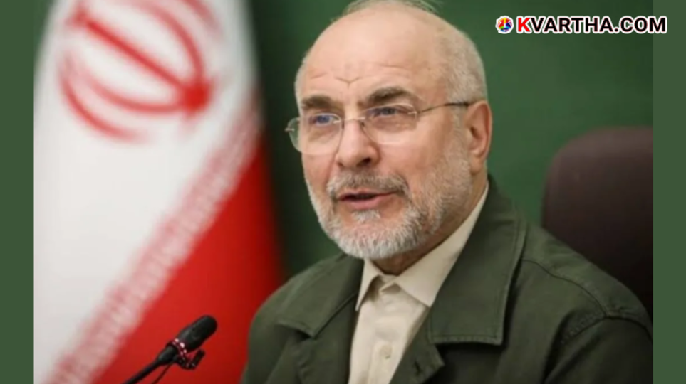 The Speaker of the Iranian Parliament delivering a speech regarding the Strait of Hormuz and national defense in March 2026.