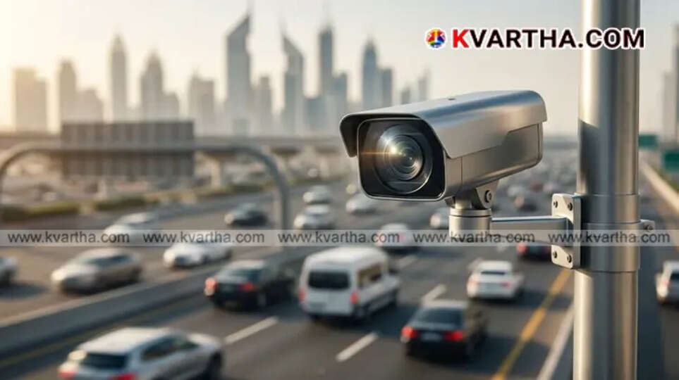 Advanced AI traffic radar cameras installed on a busy highway in Dubai tracking speed and behavior