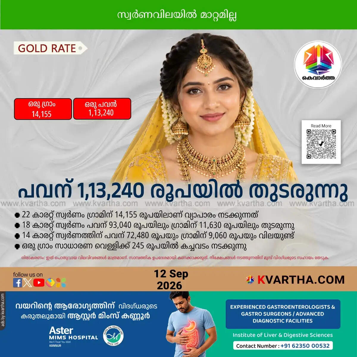 gold price remains no change kerala september 12 2026