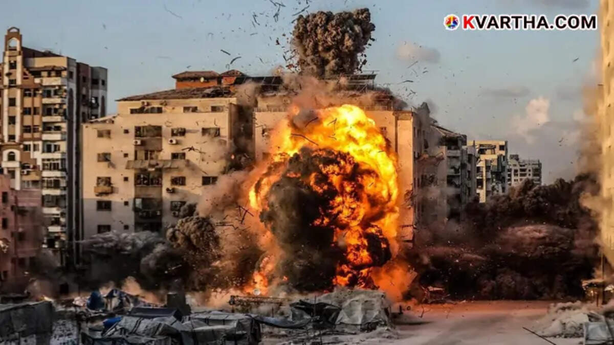 A destroyed commercial building in Gaza City following an airstrike.