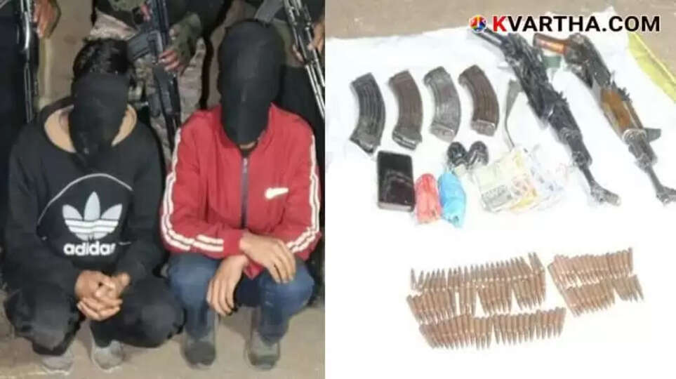 Seized weapons including AK-56 rifles and hand grenades from arrested terrorists in Jammu and Kashmir.