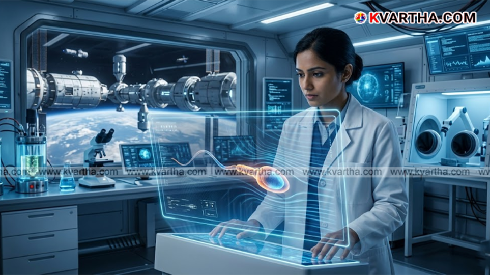 A scientific representation of sperm cells struggling in a microgravity environment simulating space conditions.