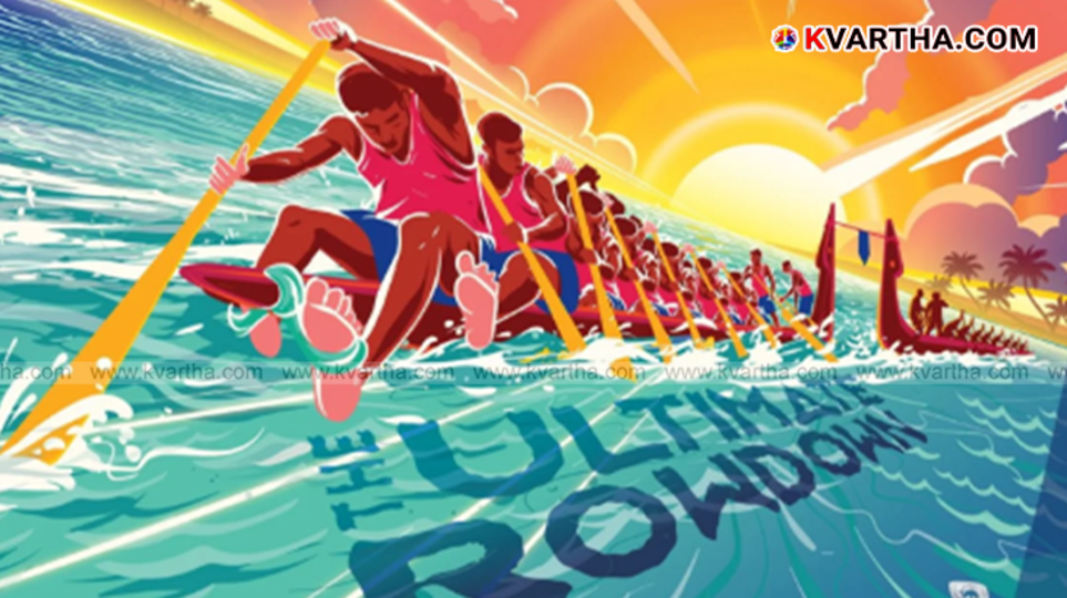 A photo showing a traditional Kerala snake boat (chundan vallam) with rowers in action, representing the Red Bull Vallam Valley event.