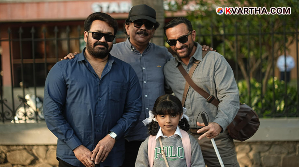 Priyadarshan, Mohanlal, and Saif Ali Khan posing for a photo on a movie set.