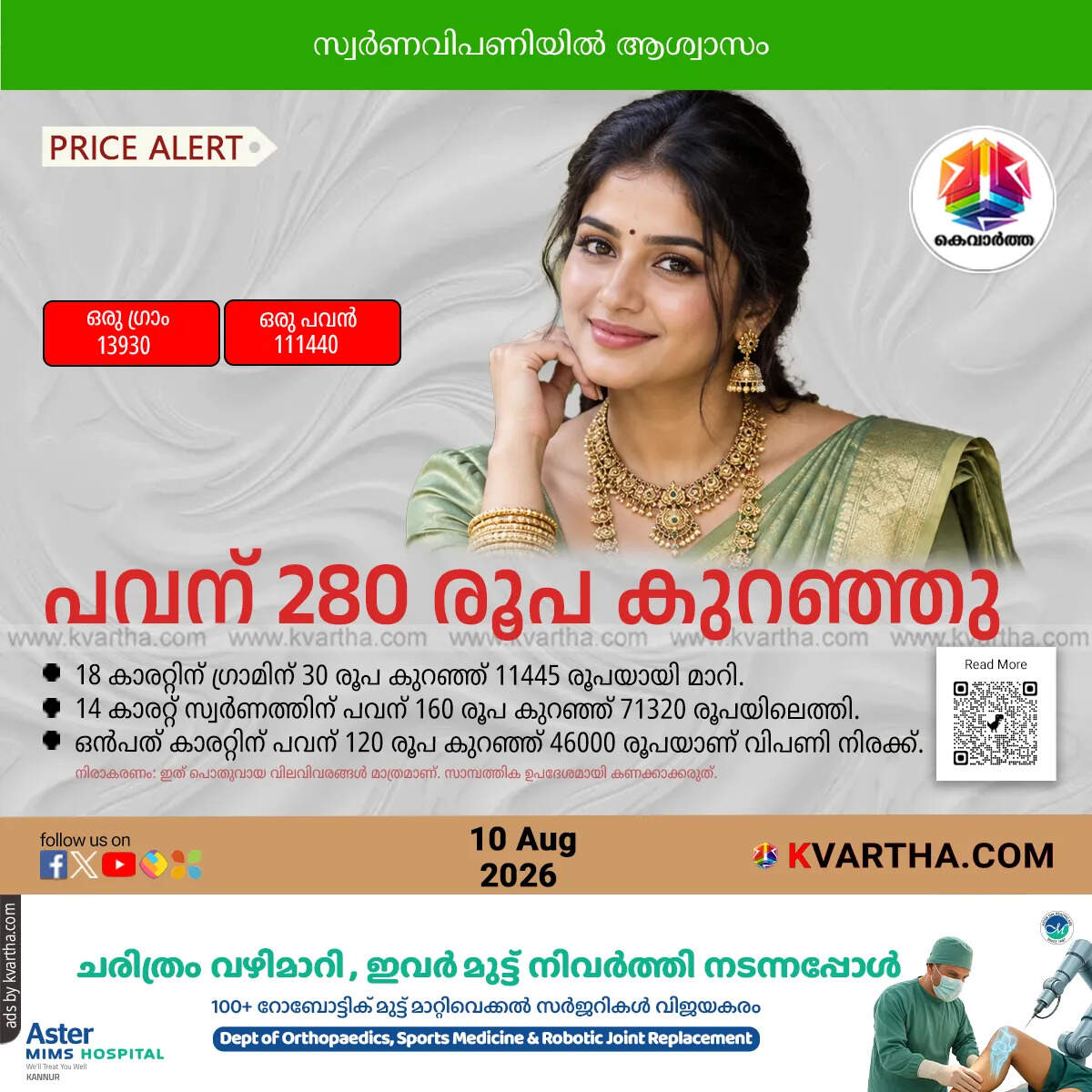 gold price decreased kerala august 10 2026