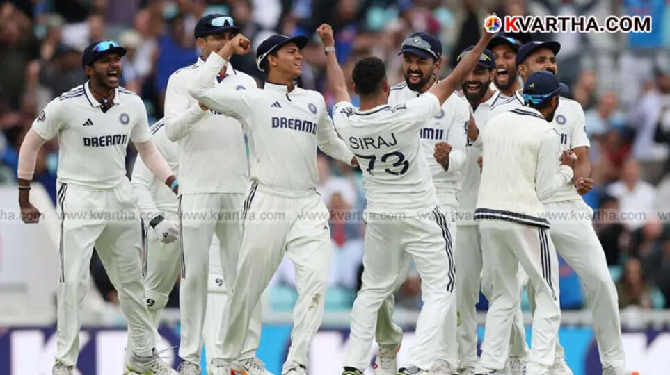 Indian cricket team celebrating a victory in a test match.