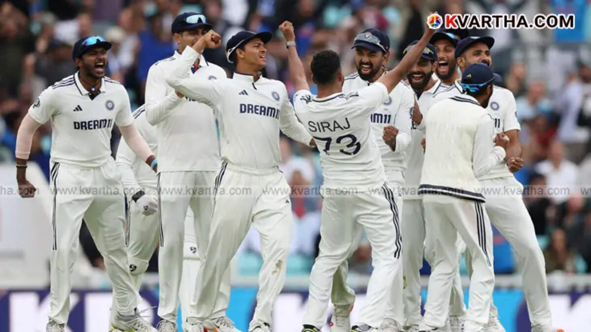Indian cricket team celebrating a victory in a test match.
