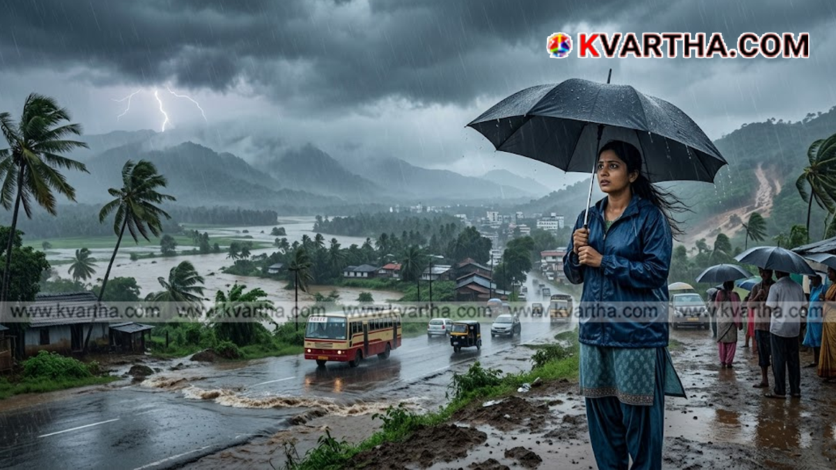 Conceptual image showing heavy rainfall and weather alert warning signs in Kerala.