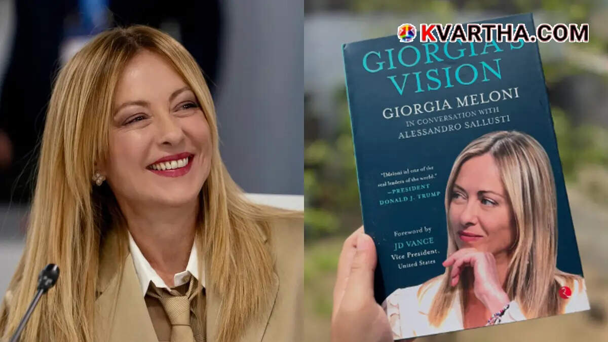  Italian PM Giorgia Meloni and Cover page of the book Giorgia's Vision