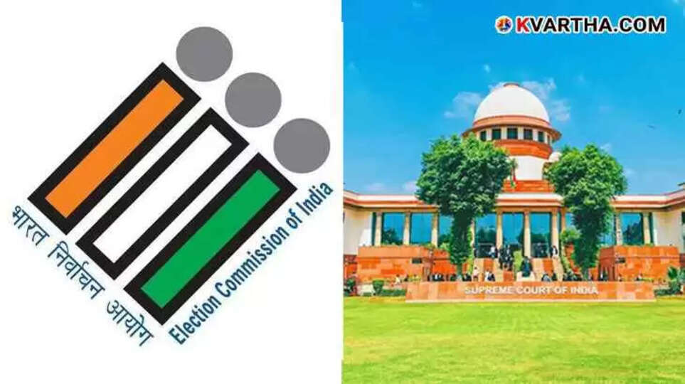 Election Commission of India logo and Supreme Court building in New Delhi.