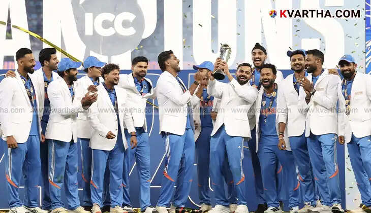 Indian cricket team celebrating their victory in the ICC Champions Trophy 2025 in Dubai.