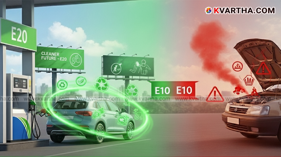 E20 petrol sign at a fuel station in India.